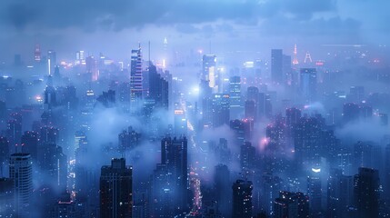 High-tech urban skyline glows with digital arteries in a pre-dawn haze