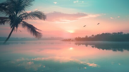 Encapsulates a serene morning by a serene lake, framed by lush palm trees and illuminated by a gentle sunrise. Flocks of birds add a dynamic element to a peaceful scene