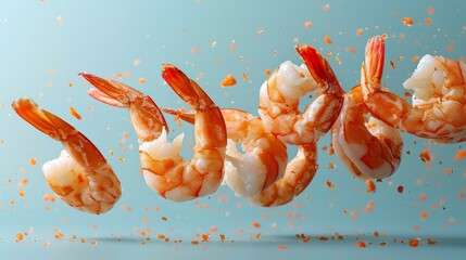 Cooked shrimp falls down from above in the advertisement image.