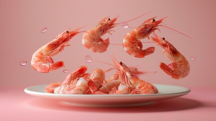 Cooked shrimp falls down from above in the advertisement image.