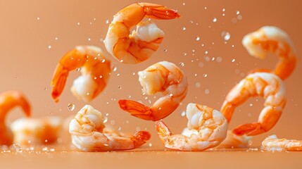 Cooked shrimp falls down from above in the advertisement image.