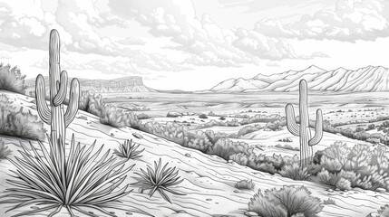 coloring book Saguaro cactus in the foreground with a mountain range in the background.