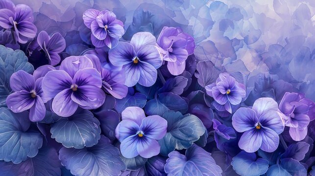 African Violet Blooms wallpaper, in its watercolor-inspired style, captures clusters of velvety flowers, purple, blue, and white, evoking the charm of lazy afternoons and cozy windowsill settings.