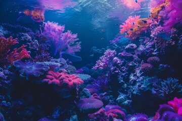 Futuristic landscape view of a vibrant coral reef, displayed in cyberpunk 80s color, merging with a banner sharpen with copy space