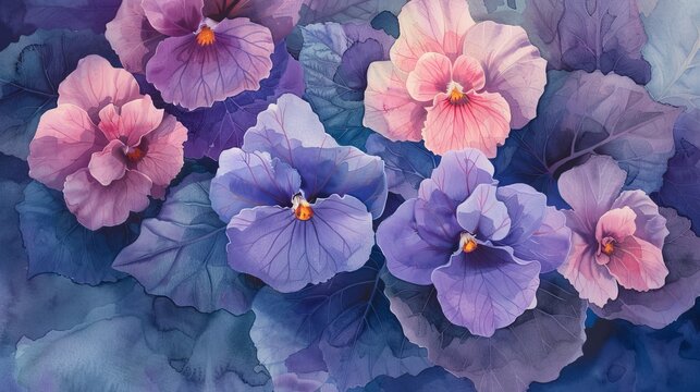 
African Violet Blooms wallpaper, with its watercolor style, showcases clusters of velvety flowers in purple, blue, and white, conjuring cozy windowsill scenes and leisurely afternoons.