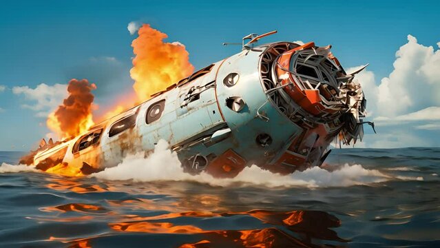 The blue ocean with wreckage of a spaceship in fire floating in the water	