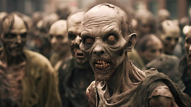 Hordes of undead, Zombie walking in the abandoned town, Beginning of the zombie apocalypse, Zombie crowd walking	