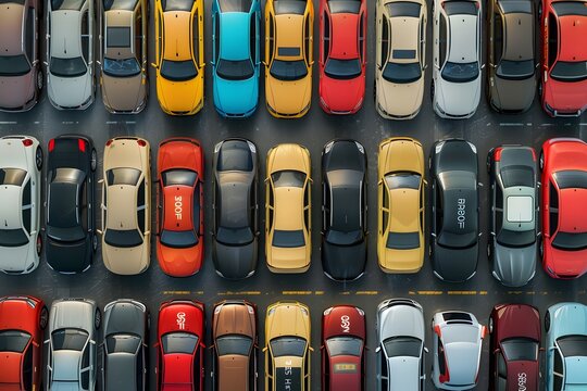 A car lot full of cars, with various colors and models parked side by side in rows. The sun is shining brightly on the parking area, casting long shadows over all vehicles. 