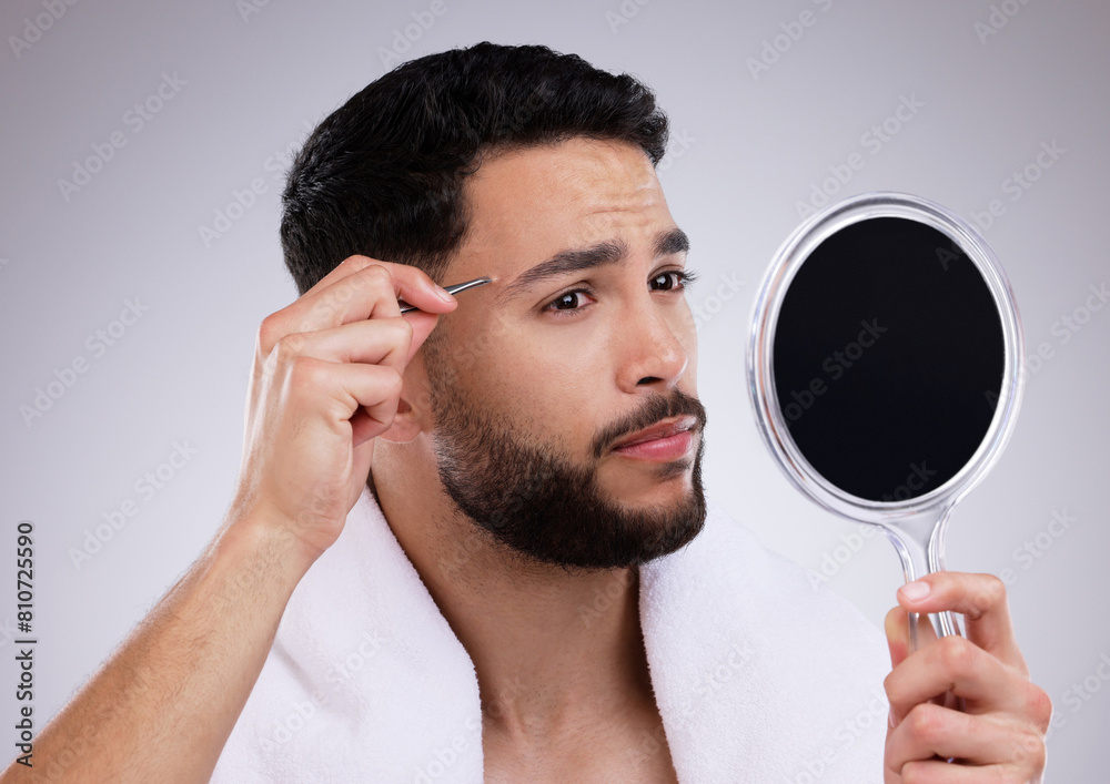 Sticker Man, mirror and tweezers for eyebrows with skincare isolated on white background with face. Beauty, routine and hygiene in morning for wellness or cleaning with microblading, natural and grooming.