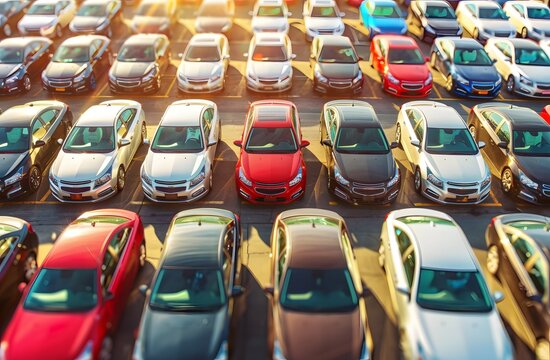 A car lot full of cars, with various colors and models parked side by side in rows. The sun is shining brightly on the parking area, casting long shadows over all vehicles. 