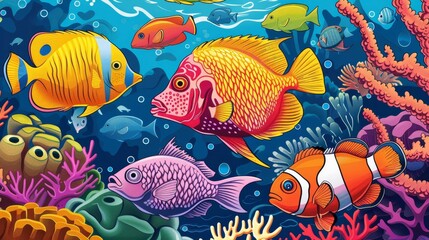 coloring book Underwater world. Tropical fishes among bright corals.