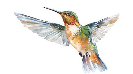 Fototapeta premium A tiny watercolor of a hummingbird in flight, embodying grace and speed, isolated with a white background
