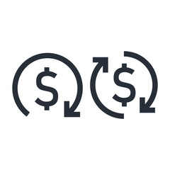 Dollar and rotation arrows. Financial flow. Movement of money. Vector linear icon isolated on white background.