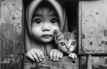 child with cat
