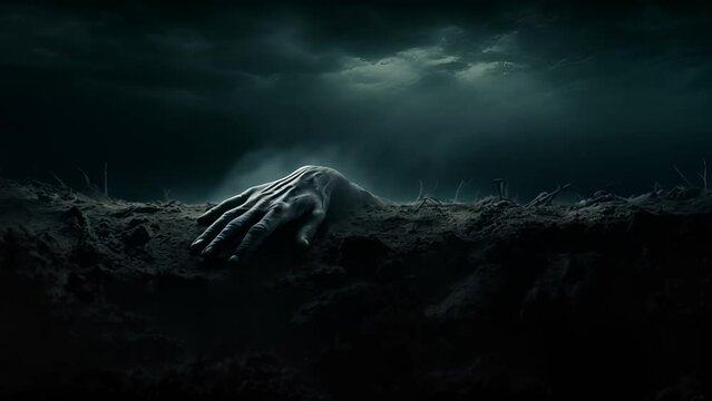 The hand of a zombie emerges from a grave in a cemetery, under the eerie night, Zombie hand emerging from the ground	