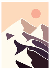 Sand mountains in the desert lanscape panorama posters. Organic doodle shapes matisse style, naive art, contemporary backgrounds. Sun and mountains vector illustration