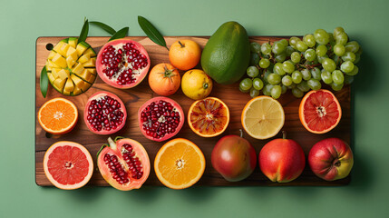 Wooden board with various delicious exotic fruits on c