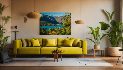 living room interior,with wall painting,  Yellow sofa furniture  like American people style 