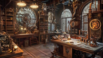 Obraz premium Steampunk of a detailed workshop where a craftsman designs intricate machinery for assessing insurance fraud, featuring brass and copper textures