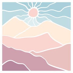 Mountain and sunrise lanscape panorama posters. Organic doodle shapes matisse style, naive art, contemporary backgrounds. Sunset and mountains vector illustration