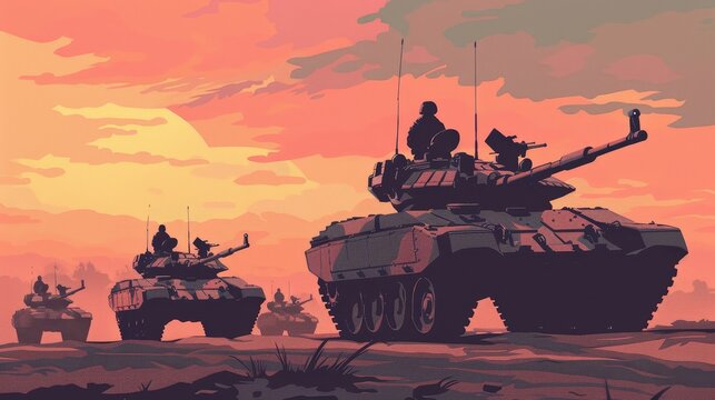 Armored vehicles and artillery in precision movement during a ceremony, presented in a minimalist and highdefinition style with subtle color tones