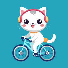 Naklejka premium cute-white-cat-is-wearing-headphone-on-bicycle