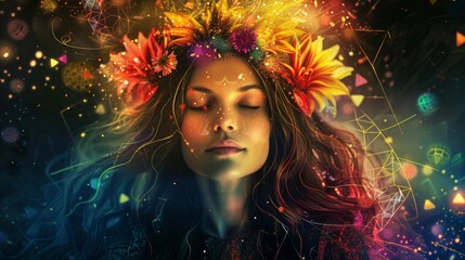 A beautiful woman with crown of colorful flower in front portrait and background with dark space, shining golden light effects and sacred geometry elements around her head.