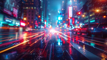Cyberpunk metropolis comes alive with dynamic light streams at nightfall