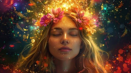 A beautiful woman with crown of colorful flower in front portrait and background with dark space, shining golden light effects and sacred geometry elements around her head.