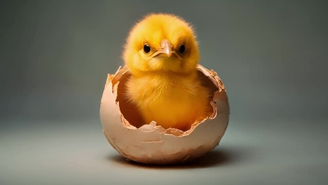 A baby yellow bird emerging from an egg, Yellow chick emerges from its eggshell, Newborn chicken hatching into the world	
