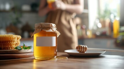 Mockup honey jar with empty label on kitchen table, honey stick on plate near, woman on background. Copy space for text. Concept: organic product, advertising food photo. Template for your design. - Powered by Adobe