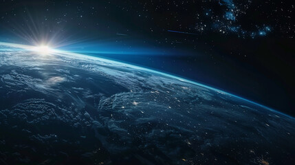 Obraz premium Sunrise, blue light, view from space on Planet Earth at night. World rotating in black Universe in stars.