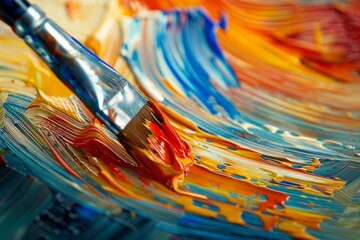 Close up of a paintbrush dipped in a bowl of vibrant paint, ready to create strokes on a canvas - Powered by Adobe
