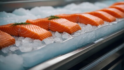Close-up of salmon fillets on cold ice on display in supermarket. Ai Generative.