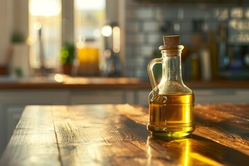 Clear glass bottle filled with olive oil resting on a wooden kitchen counter