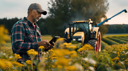 Crop farmer using AI technology on smart pad to improve farming efficiency and agricultural processes - Generated by Generative AI
