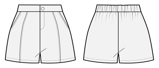 Women’s Short pants, Fashion Flat Sketch Vector Illustration, CAD, Technical Drawing, Flat Drawing, Template, Mockup.