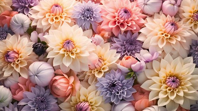 Beautiful colorful zinnia and dahlia flowers in full bloom, close up. Natural summery texture for background	
