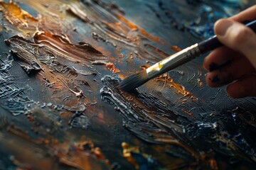 An artists hand guides a paintbrush, layering oil paint onto a canvas in a studio setting