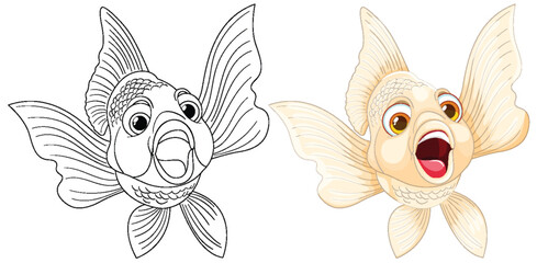Two styles of goldfish, colorful and line art