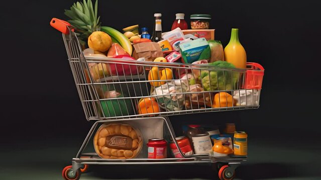 Supermarket shopping cart filled with groceries. Shopping cart full of food. Grocery and food store concept	