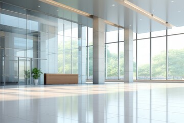 Blurred business office background. Lobby reception hall interior or empty indoor foyer meeting room with light from glass wall window