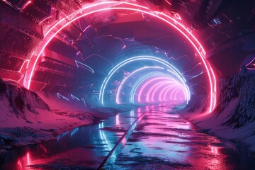 Neon style of travel showcased in futuristic styles, offering a glimpse into the extraordinary possibilities of future expeditions, banner sharpen with copy space