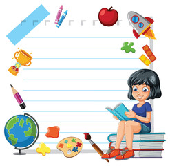 Illustration of a girl reading surrounded by educational items