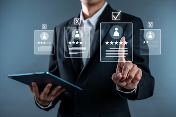 Human resource manger man looking at hologram employee status for business.	
