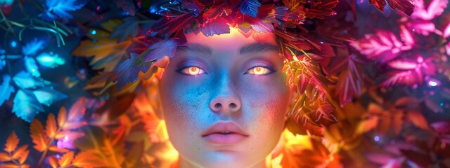 Obraz premium A beautiful woman with crown of colorful flower in front portrait and background with dark space, shining golden light effects and sacred geometry elements around her head.