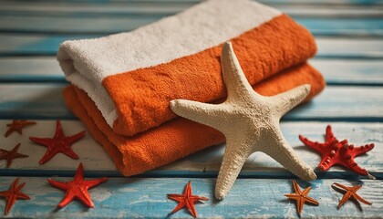vibrant sea star towel draped elegantly over a rustic blue wooden table, with a real sea star placed beside it, evoking the essence of summer vacation - obrazy, fototapety, plakaty