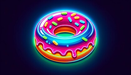Neon donut with colorful glaze and sprinkles glowing vibrantly against a dark background.  - obrazy, fototapety, plakaty