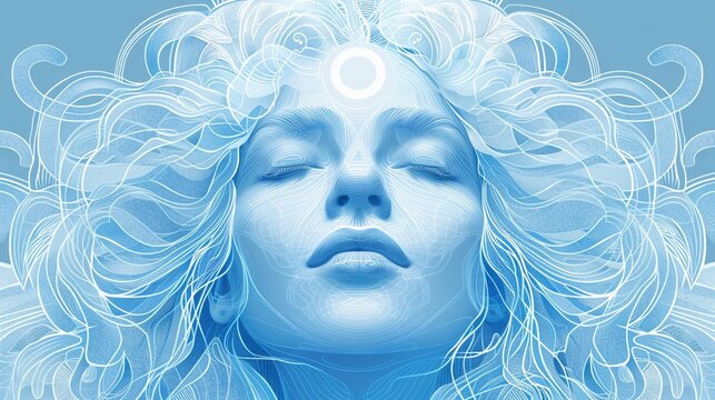 Modern vector design of a Peace Goddess with a glowing halo, stylized linear patterns, in a palette of calming blues and whites