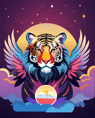 Tiger with wings in the clouds in the blue sky.